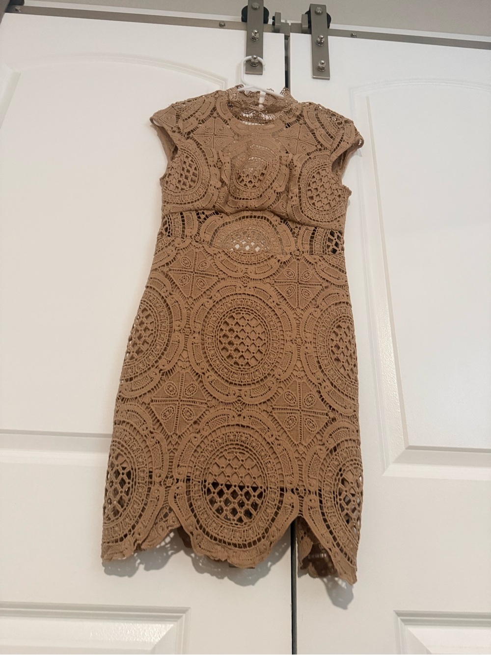 bebe Crochet Lace Mini Dress in Tan